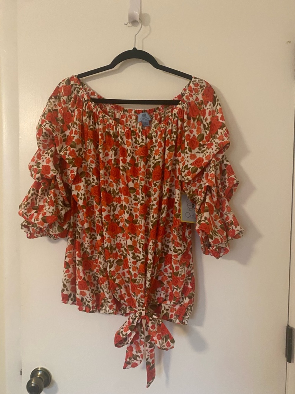 CeCe Red Floral Off-Shoulder Tie-Front Blouse